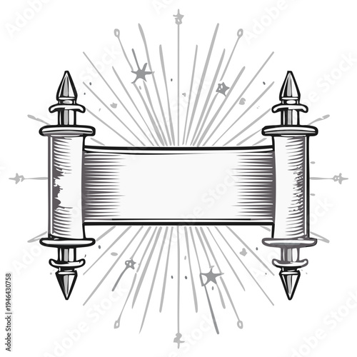 Ancient scroll with radiating lines and stars engraving style design symbol of history and knowledge