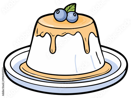 Delicately sweet dessert pudding with dripping caramel sauce and blueberries on a plate