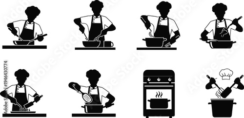 Chef cooking silhouette collection showing professional cook preparing food, stirring pot, mixing ingredients and kitchen utensils with stove icons isolated on white background vector set