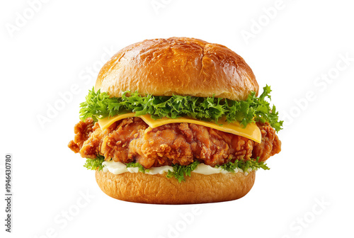 Crispy chicken burger with cheese and on transparent background