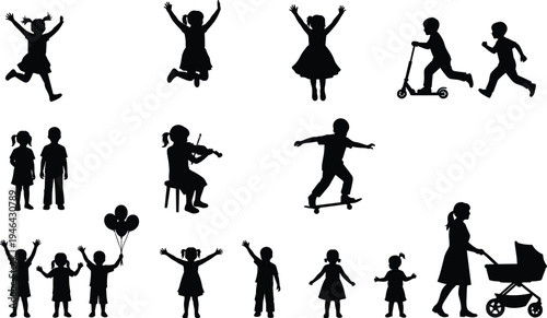 child silhouette, adult silhouette, playing children, jumping kids, scooter rider, skateboarder child, violin player, balloon fun, baby stroller, family activity, outdoor play, everyday life.