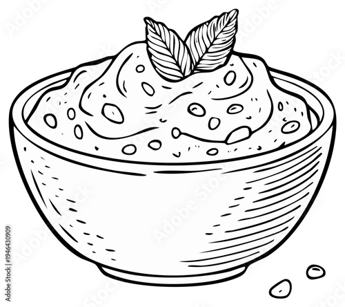 Bowl of dip with mint sprigs, hand-drawn illustration.
