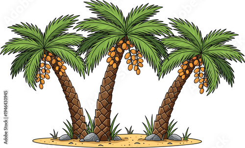 Cartoon style date palm trees with ripe fruit clusters on sandy ground, tropical oasis landscape illustration isolated on light background, nature vegetation concept for travel design