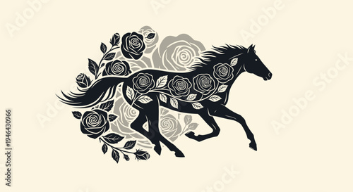 Black Horse Silhouette Running Freely Outdoors.