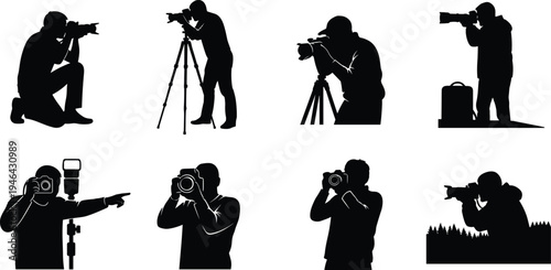 Collection of black silhouettes of photographers in diverse poses with cameras and tripods, capturing creative photography moments, hobby lifestyle