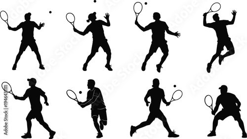 Collection of badminton player silhouettes jumping and hitting shuttlecock with racket isolated on white background representing sport action, athletic training and competition