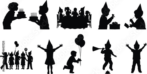 Collection of children birthday party silhouettes celebrating with cake, balloons and party hats isolated on white background representing kids celebration, happiness and festive moments