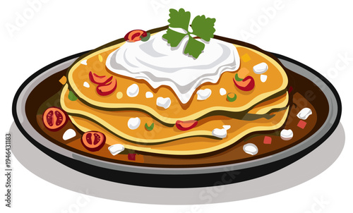 Savory stacked enchiladas topped with creamy sauce and fresh herbs served on a dark plate