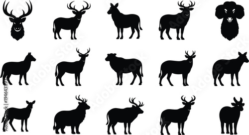 Collection of deer silhouette icons set featuring stag, buck and doe poses isolated on white background, wildlife animal vector shapes for hunting, nature, forest design