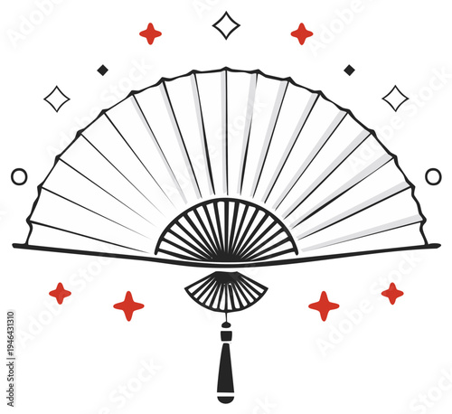 Elegant Illustration of a Hand Fan with Stars, Artistic Line Art