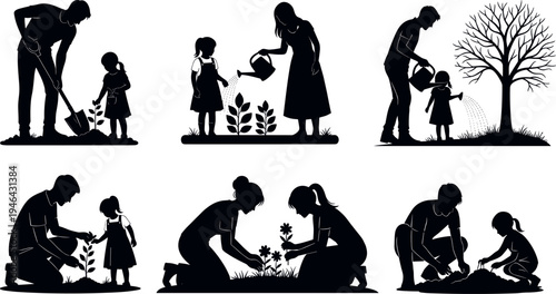 Family gardening silhouettes set showing parents and children planting seedlings, watering plants and nurturing flowers together, eco lifestyle outdoor activity illustration isolated on light 