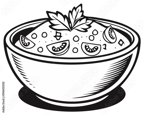Bowl of soup with tomato slices and parsley illustration.