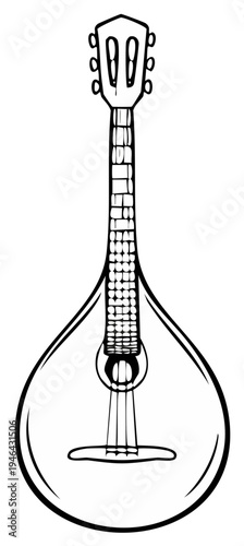 Outlined illustration of a mandolin musical instrument in black and white.