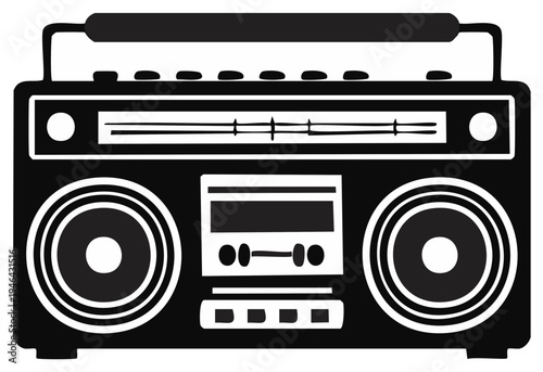 Vintage Boombox Icon Illustration Retro Stereo Portable Audio Device Black and White Entertainment Technology Music Player Isolated Vector Graphic