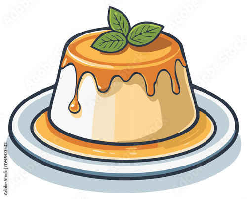 Cartoon dessert illustration. Panna cotta with caramel sauce and mint leaves.