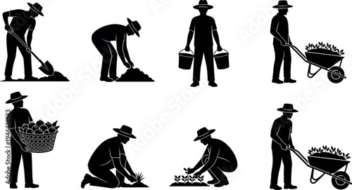 Farmer silhouette set showing digging soil, planting seedlings, harvesting crops, carrying buckets and pushing wheelbarrow, agriculture lifestyle illustration isolated on light background design
