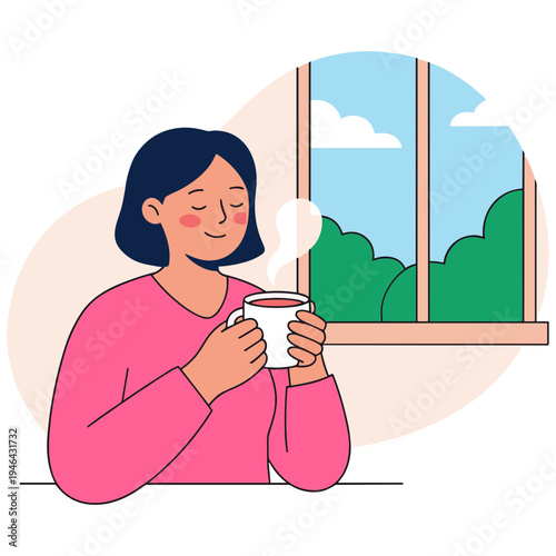 Woman enjoys hot coffee while looking out the window at nature