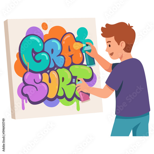 A young boy creates vibrant graffiti art on canvas with spray paint