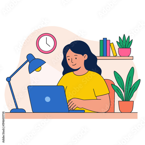 A woman studies on her laptop at a desk with a clock and plants nearby.