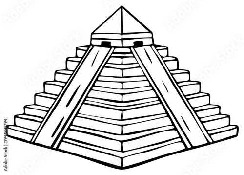 Illustrated depiction of a stepped pyramid with a temple on top, geometric drawing.