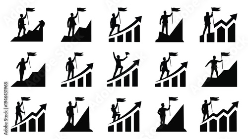 Leadership achievement icons set black silhouettes of people climbing graphs with flags and arrows on white background symbolizing business success and growth