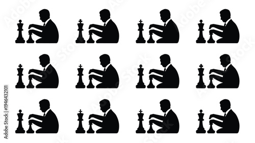 Set of twelve business strategy silhouettes playing chess thinking planning and making moves in a row on white background