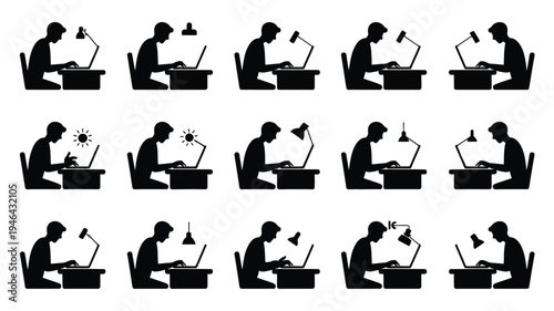 Online work silhouettes people working on laptops with desk lamps in various productivity and fatigue poses