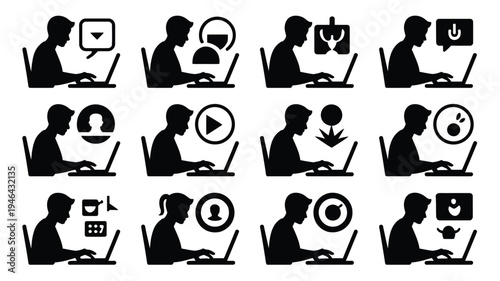 Set of 12 online work silhouette logos featuring people working on laptops with various icons