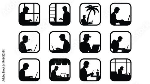 Collection of minimalist black silhouettes of people working remotely in various settings
