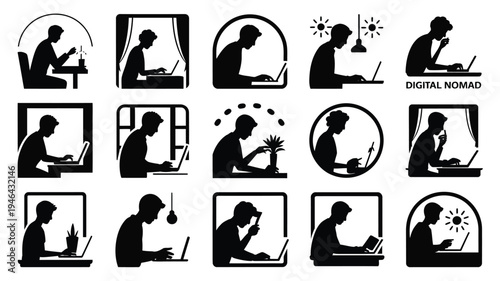 Digital nomad silhouettes working remotely on laptops in various settings and poses