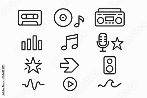 80s Music Icons. 80s music symbols. Line outline icon set of 80s music symbols: cassette tape, vinyl record,