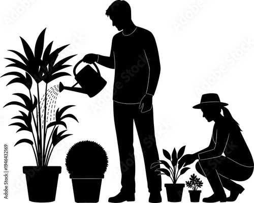 Gardening couple silhouettes watering and planting potted houseplants together, indoor plant care lifestyle illustration isolated on light background for home garden decoration design