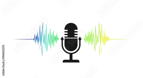 Black Microphone with Sound Waves Emitting.