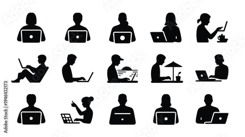 Collection of black silhouettes of people working on laptops and computers in various positions and settings