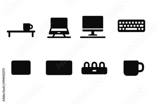 Minimal Desk Icons. Minimal remote desk setups. Filled icon set of minimal remote desk setups: clean desk icon