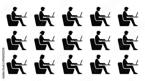 Collection of people working from home on laptops in silhouette remote work concept with multiple individuals in various sitting positions on chair representing modern work