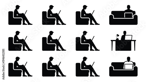 Collection of 12 black silhouette icons depicting people working from home on couches and desks with laptops