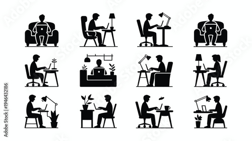 Collection of 12 black vector silhouettes of people working at desks with lamps and plants in office settings