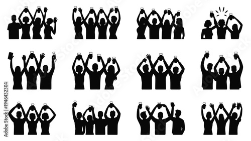 Collection of 12 party friends silhouettes celebrating with raised hands and joyful expressions in black on white background