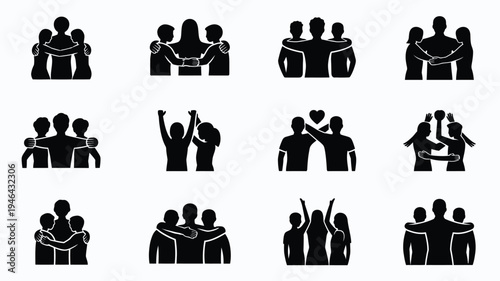 Minimalist black silhouettes of people showing teamwork and friendship on a clean grid layout background