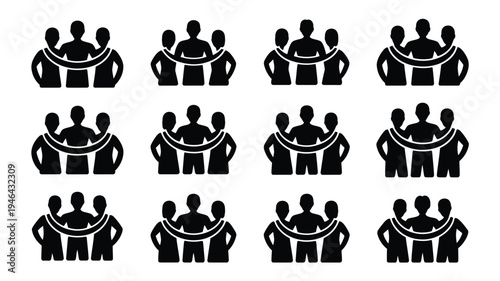 Set of 12 unity and friendship silhouettes diverse group of people standing together in solidarity black icons on white background symbolizing teamwork and partnership