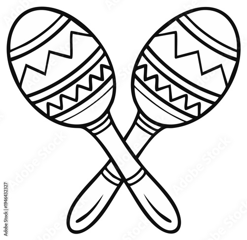 Black and White Illustration of Two Crossed Maracas with Decorative Patterns