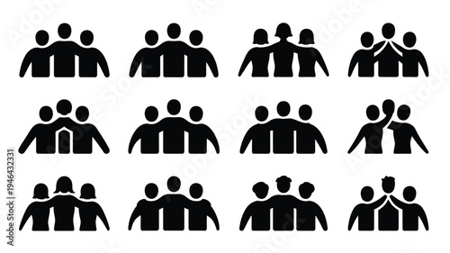 Set of 12 black silhouette icons depicting unity friendship and teamwork showcasing diverse human interactions and relationships on a white background