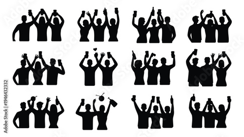 Collection of 12 party friends silhouettes celebrating with raised hands and drinks in a festive atmosphere