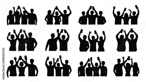 Collection of 12 party friends silhouettes celebrating with drinks in hands joyful social gathering icons