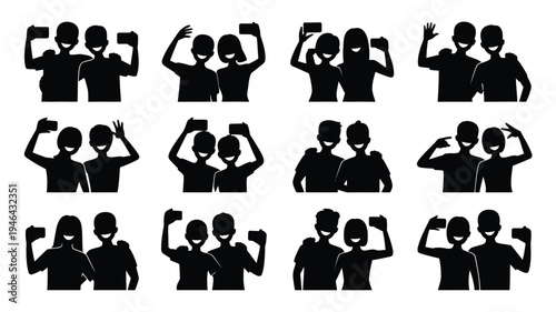 Bundle of 12 fun friends silhouette icons showing various gestures and poses