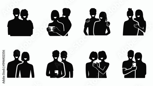 Set of eight black silhouette icons depicting diverse pairs of friends interacting and socializing