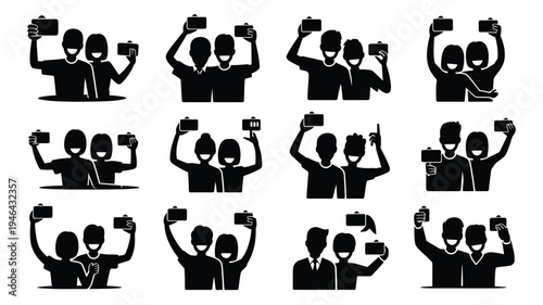 Bundle of 12 fun friends taking selfies silhouette icon set on white background for social media and communication design