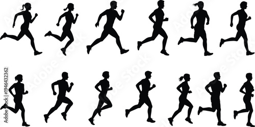 Vector illustration of twelve diverse people running silhouettes, athletic fitness motion concept, dynamic posture design for sports lifestyle marketing visuals