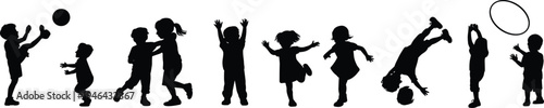 Silhouettes of children playing with balls and engaging in various physical activities against a white background
